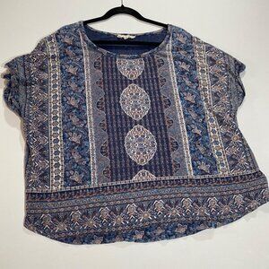Lucky Brand Womens XXL Blue Boho Floral & Geometric Print Jersey Knit Top